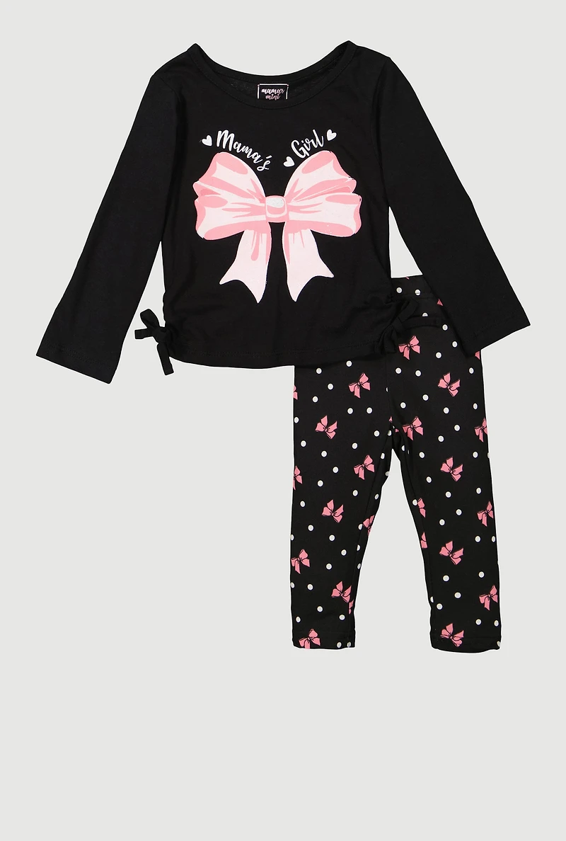 Toddler Girls Bow Graphic Long Sleeve Tee and Leggings, Black, Size 3T