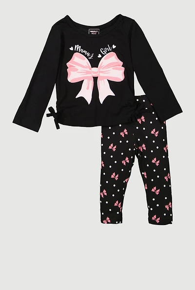 Toddler Girls Bow Graphic Long Sleeve Tee and Leggings, Black, Size 3T