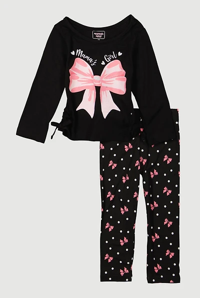 Toddler Girls Bow Graphic Long Sleeve Tee and Leggings, Black, Size 2T