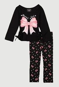 Toddler Girls Bow Graphic Long Sleeve Tee and Leggings, Black, Size 2T