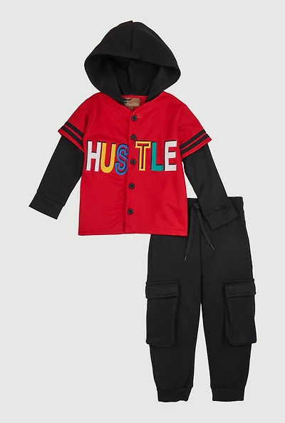 Toddler Boys Hustle Graphic Layered Look Top and Cargo Joggers, Red, Size 2T