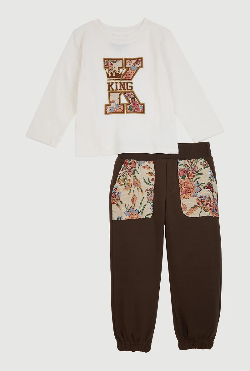 Toddler Boys King Floral Patch Graphic Tee and Sweatpants, Brown, Size 2T