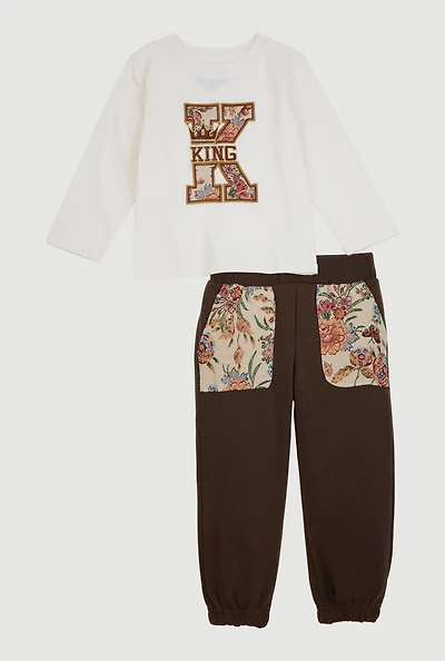 Toddler Boys King Floral Patch Graphic Tee and Sweatpants, Brown, Size 2T