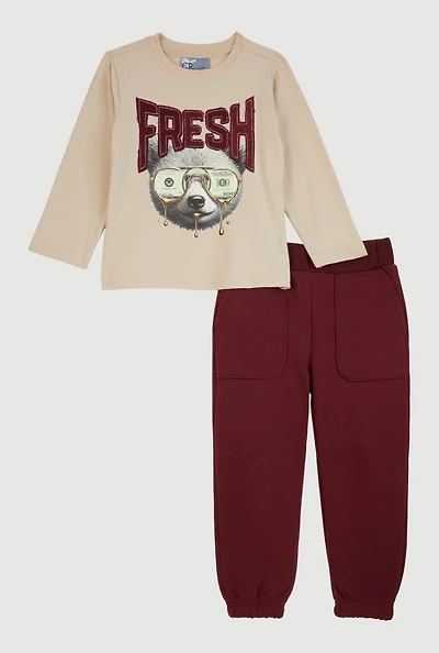 Toddler Boys Fresh Bear Graphic Tee and Sweatpants, Burgundy,
