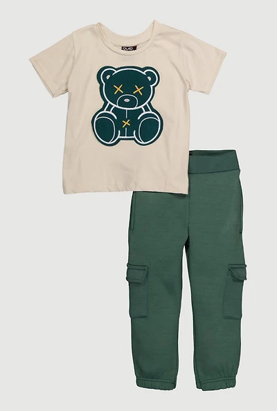 Toddler Boys Bear Graphic Patch T-Shirt and Sweatpants, Green, Size 2T