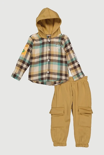 Toddler Boys Boss Life Plaid Hooded Shirt and Cargo Joggers