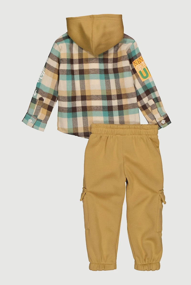 Toddler Boys Boss Life Plaid Hooded Shirt and Cargo Joggers