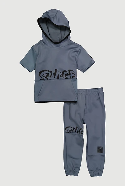Toddler Boys Savage Graphic Hooded Top and Joggers Set, Grey,