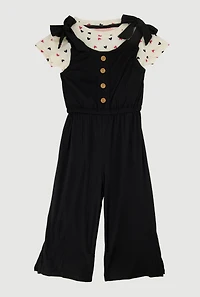 Toddler Girls Bow Strap Jumpsuit with Heart Print Tee, Black, Size 4T