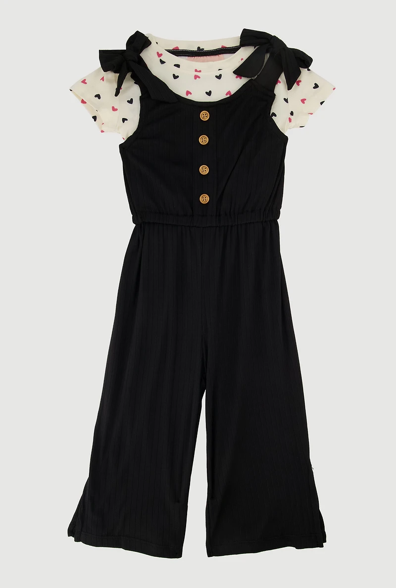 Toddler Girls Bow Strap Jumpsuit with Heart Print Tee, Black, Size 3T