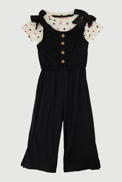 Toddler Girls Bow Strap Jumpsuit with Heart Print Tee, Black, Size 3T