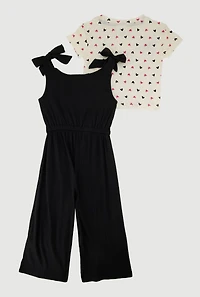 Toddler Girls Bow Strap Jumpsuit with Heart Print Tee, Black, Size 4T