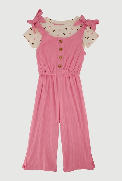 Toddler Girls Bow Strap Jumpsuit with Butterfly Print Tee, Pink, Size 2T