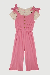 Toddler Girls Bow Strap Jumpsuit with Butterfly Print Tee
