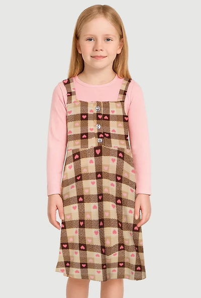 Toddler Girls Gingham Dress with Long Sleeve Top, Brown,