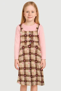 Toddler Girls Gingham Dress with Long Sleeve Top, Brown,