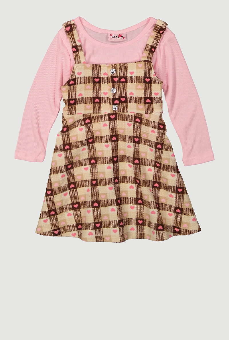 Toddler Girls Gingham Dress with Long Sleeve Top, Brown,
