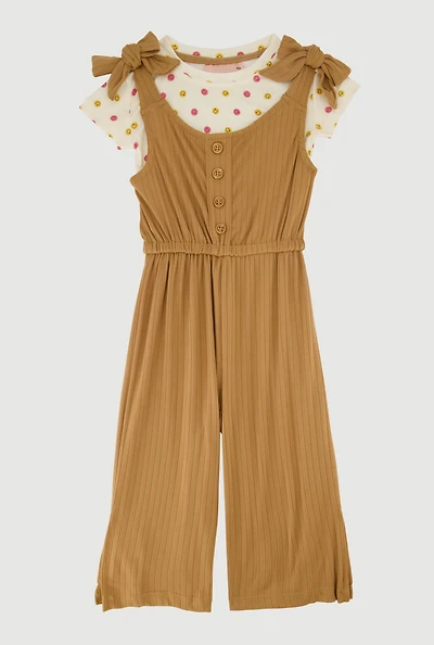 Toddler Girls Bow Strap Jumpsuit with Smiley Face Tee