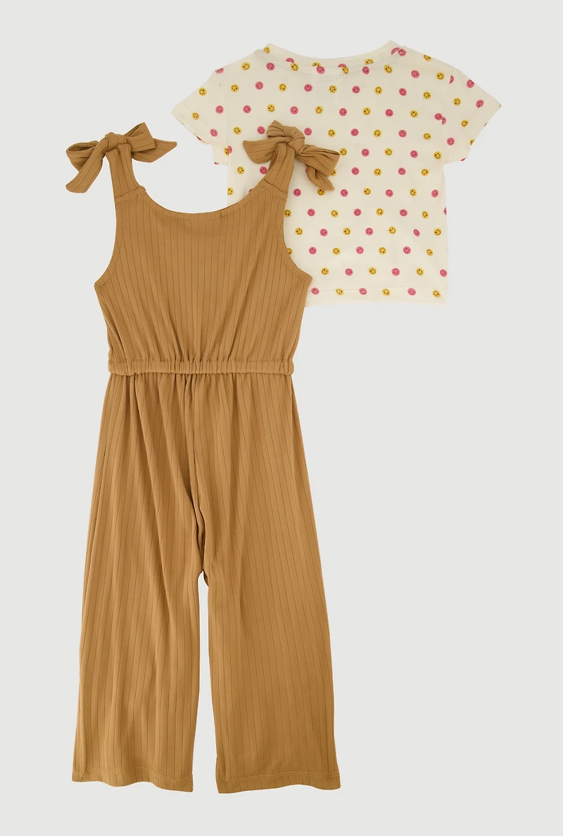 Toddler Girls Bow Strap Jumpsuit with Smiley Face Tee, Multi, Size 4T