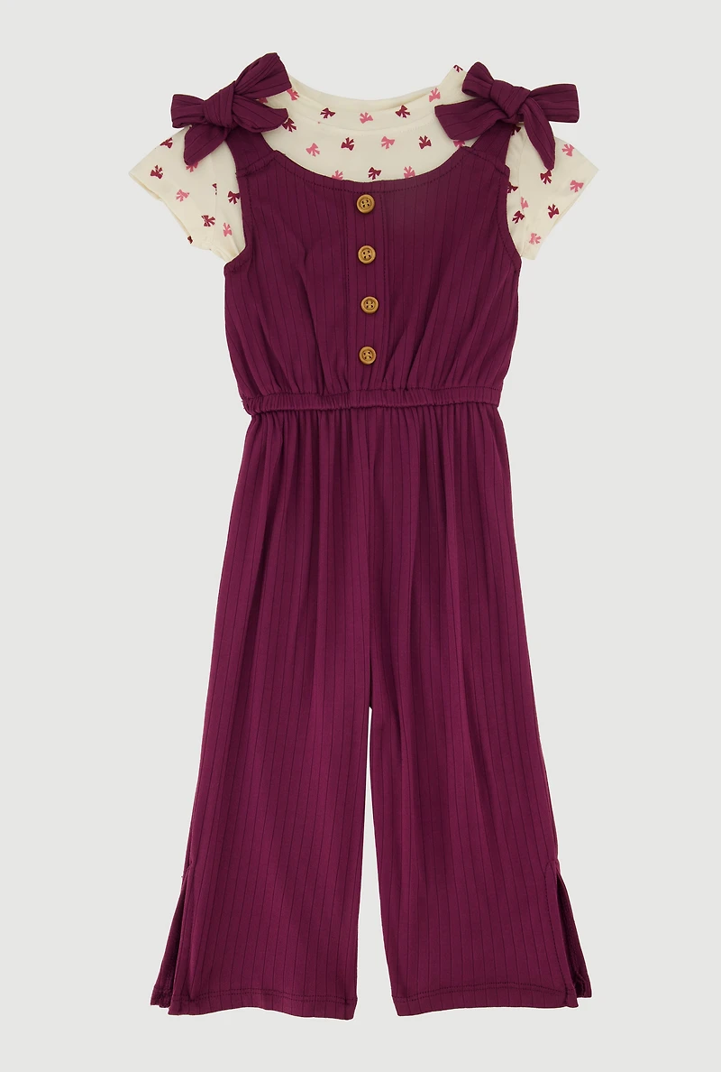 Toddler Girls Bow Strap Jumpsuit with Print Tee, Purple,