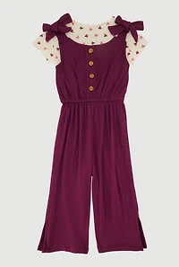 Toddler Girls Bow Strap Jumpsuit with Print Tee, Purple,