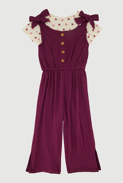 Toddler Girls Bow Strap Jumpsuit with Bow Print Tee, Purple, Size 3T