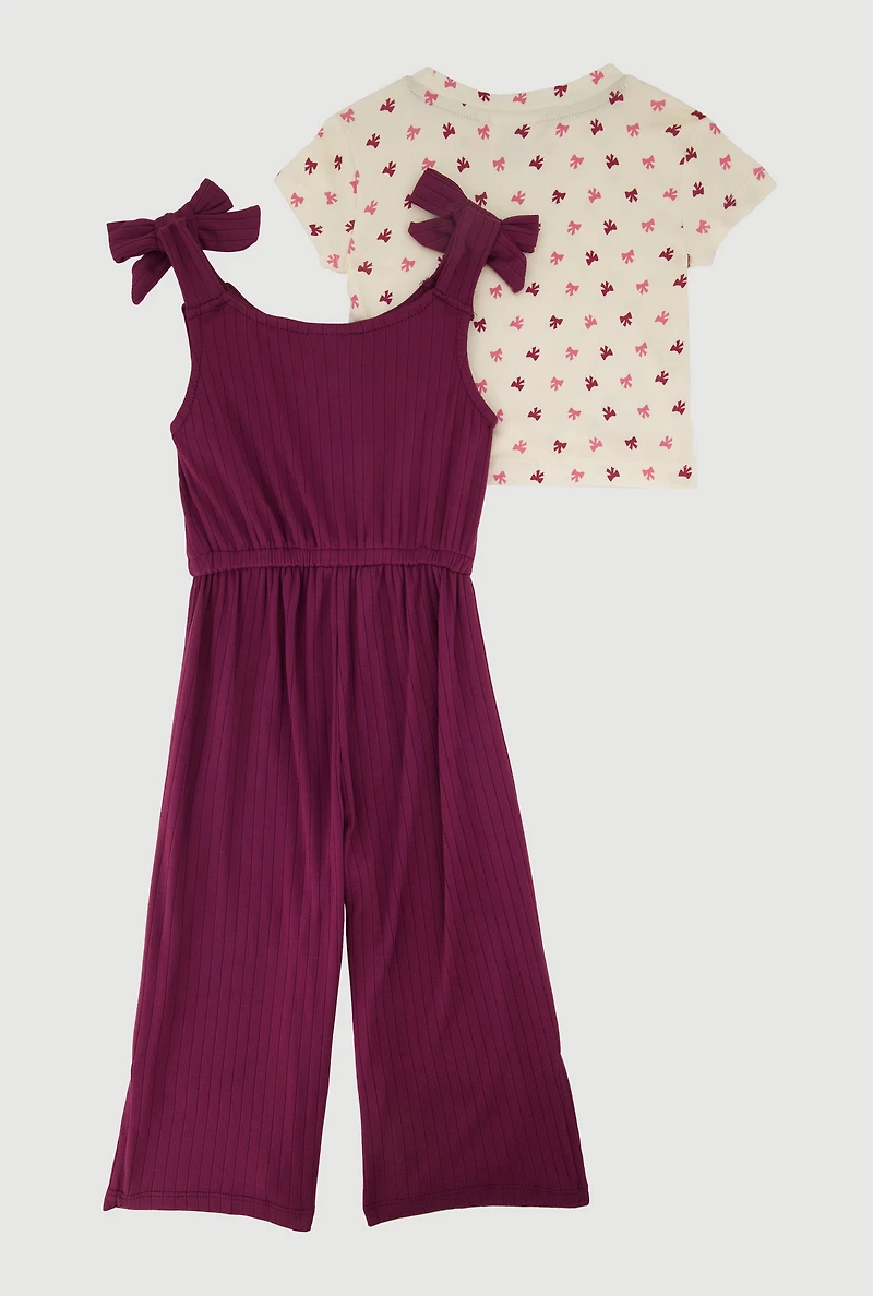 Toddler Girls Bow Strap Jumpsuit with Print Tee, Purple,