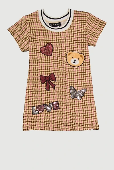 Toddler Girls Chenille Sequin Patch Houndstooth Graphic Dress, Beige,
