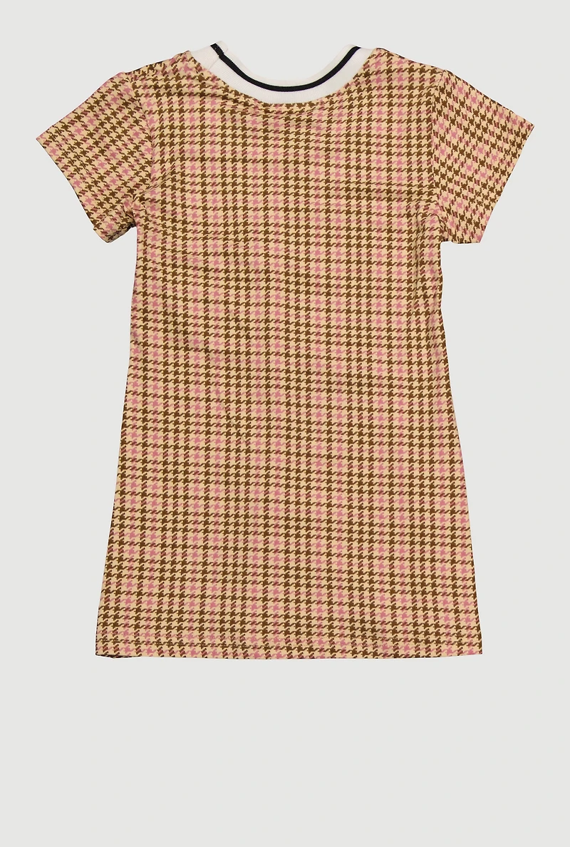 Toddler Girls Chenille Sequin Patch Houndstooth Graphic Dress, Beige,