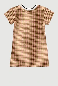 Toddler Girls Chenille Sequin Patch Houndstooth Graphic Dress, Beige, Size 2T