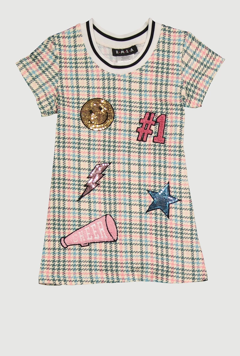 Toddler Girls Sequin Chenille Patch Houndstooth Graphic Dress, Multi, Size 4T