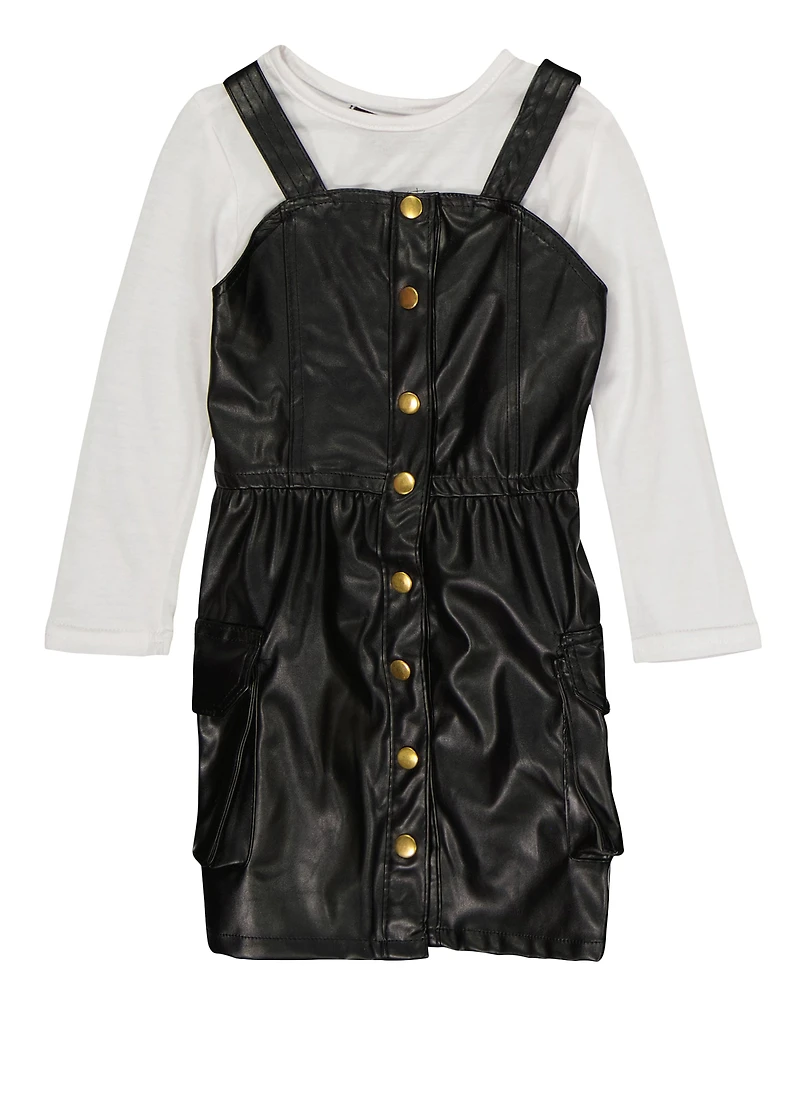 Toddler Girls Faux Leather Cargo Dress with Long Sleeve Top, Black, Size 4T