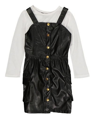 Toddler Girls Faux Leather Cargo Dress with Long Sleeve Top, Black, Size 4T