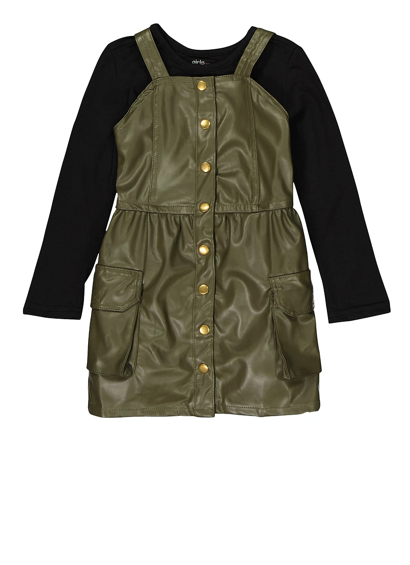 Toddler Girls Faux Leather Cargo Dress with Long Sleeve Top, Green, Size 2T