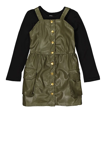 Toddler Girls Faux Leather Cargo Dress with Long Sleeve Top, Green, Size 2T