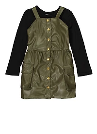 Toddler Girls Faux Leather Cargo Dress with Long Sleeve Top, Green, Size 2T