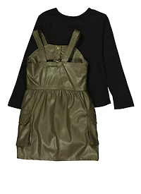Toddler Girls Faux Leather Cargo Dress with Long Sleeve Top, Green, Size 2T