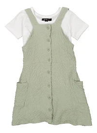 Toddler Girls Textured Knit Button Down Romper with Tee, Green, Size 2T