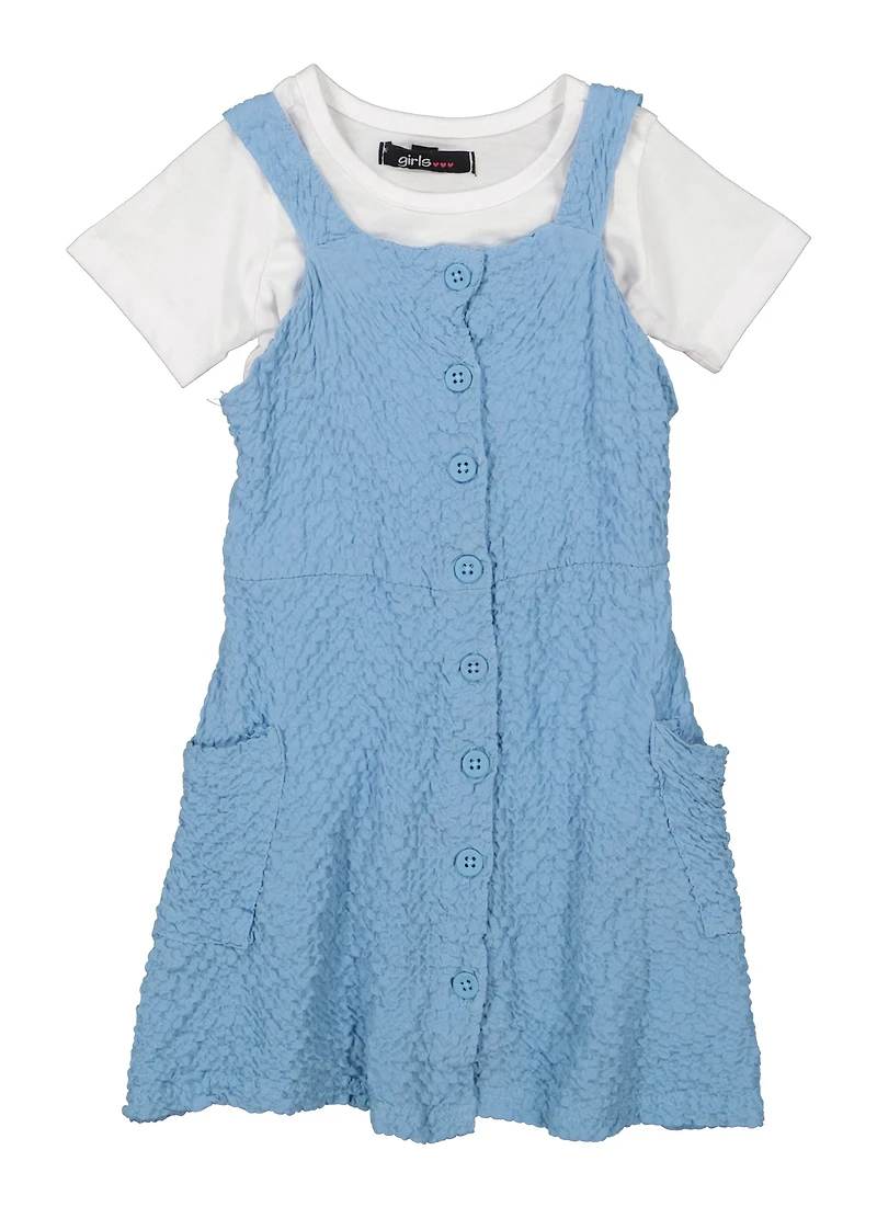Toddler Girls Textured Knit Button Down Romper with Tee, Blue, Size 3T