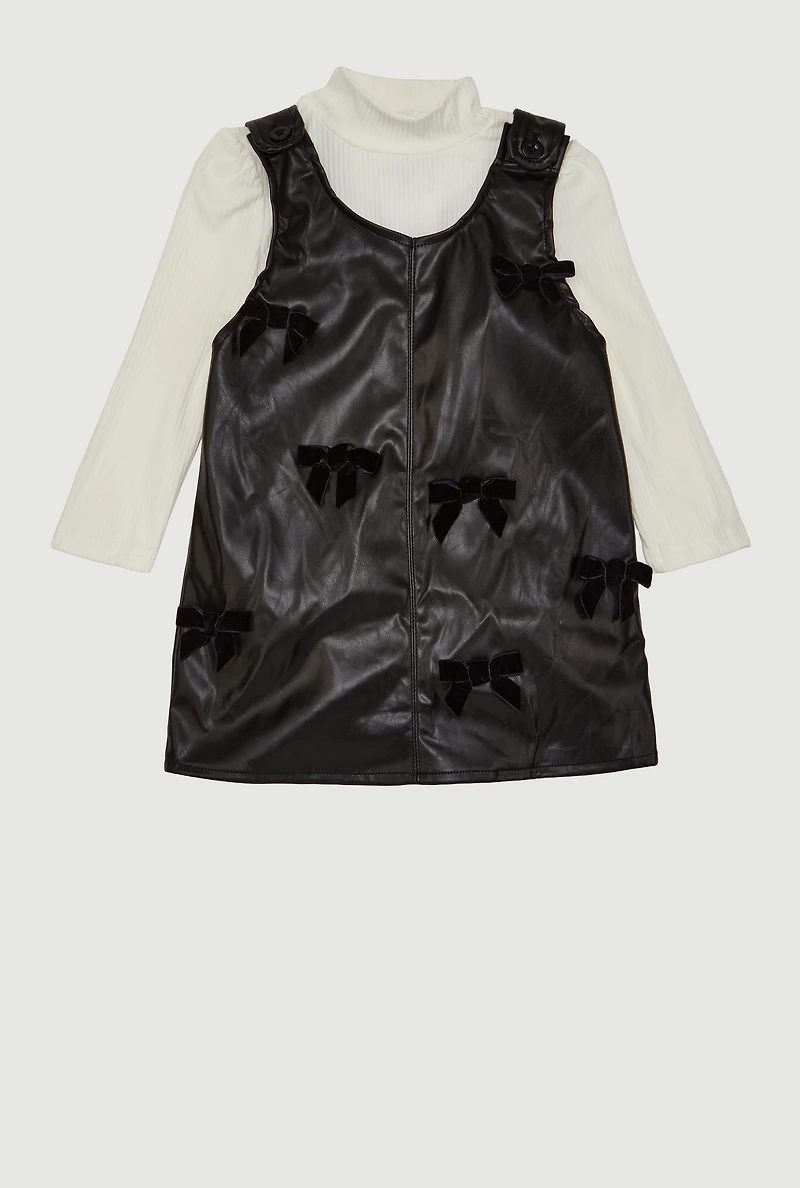 Toddler Girls Bow Detail Faux Leather Overall Dress with Top, Black,