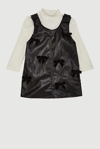 Toddler Girls Bow Detail Faux Leather Overall Dress with Top, Black, Size 4T