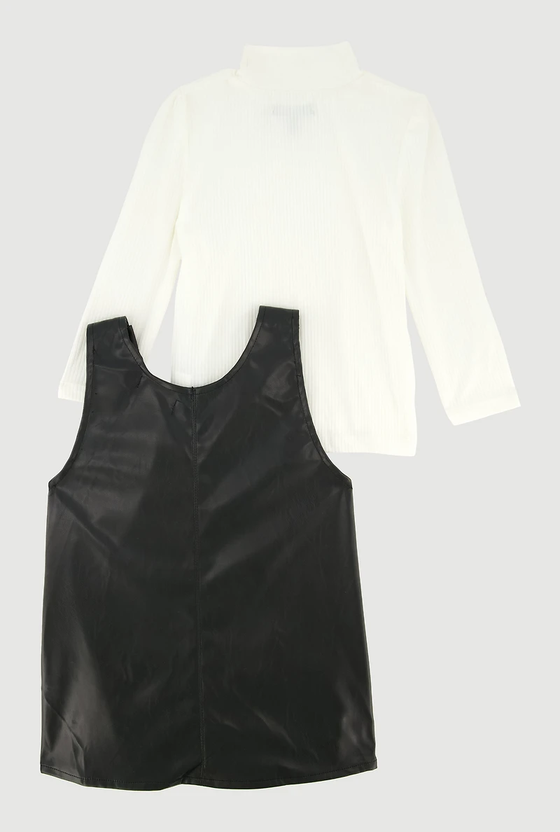 Toddler Girls Bow Detail Faux Leather Overall Dress with Top, Black, Size 2T