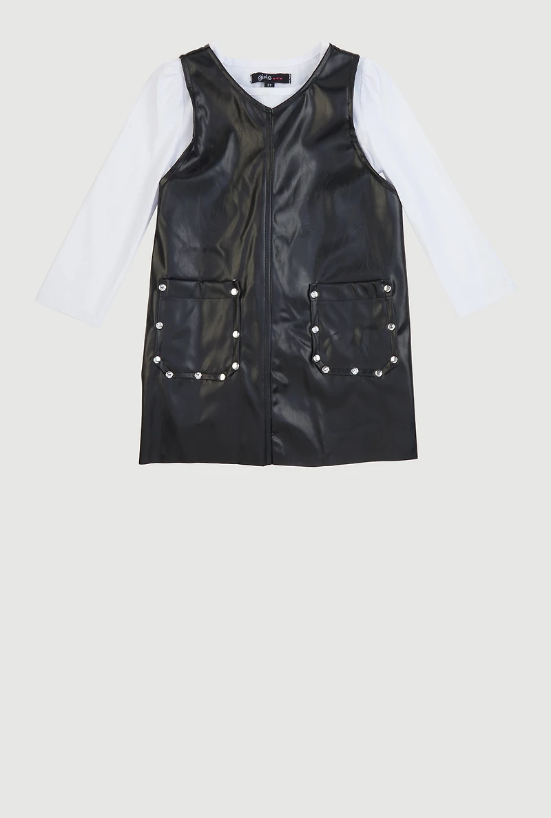 Toddler Girls V Neck Faux Leather Dress with Long Sleeve Top, Black, Size 2T