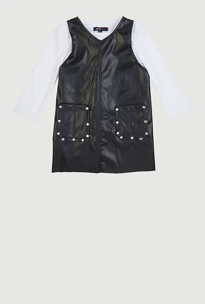 Toddler Girls V Neck Faux Leather Dress with Long Sleeve Top, Black, Size 2T