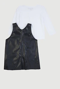 Toddler Girls V Neck Faux Leather Dress with Long Sleeve Top, Black, Size 4T