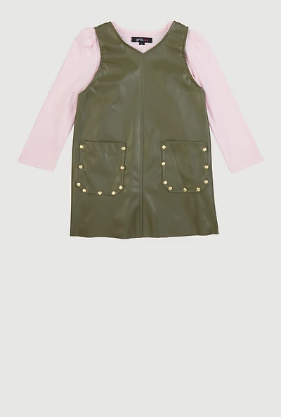 Toddler Girls V Neck Faux Leather Dress with Long Sleeve Top, Green, Size 2T