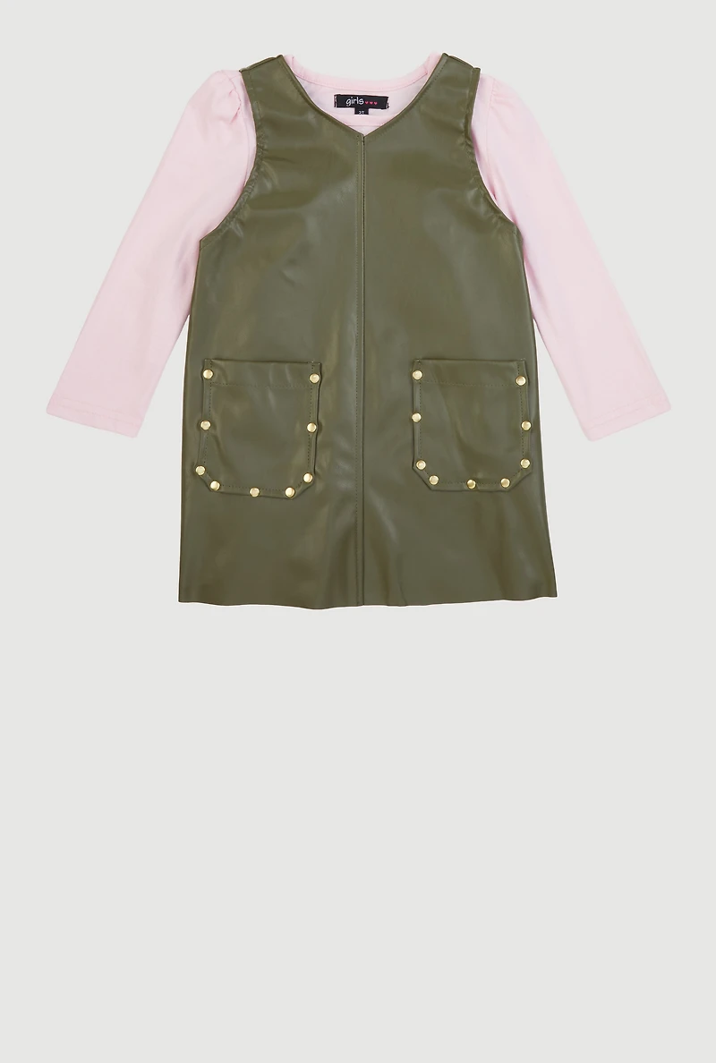 Toddler Girls V Neck Faux Leather Dress with Long Sleeve Top, Green, Size 2T