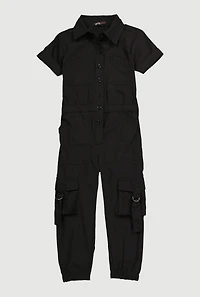 Toddler Girls Button Front Cargo Pocket Jumpsuit with D-Ring Buckles,
