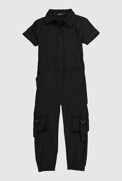 Toddler Girls Button Front Cargo Pocket Jumpsuit with D-Ring Buckles, Black, Size 3T