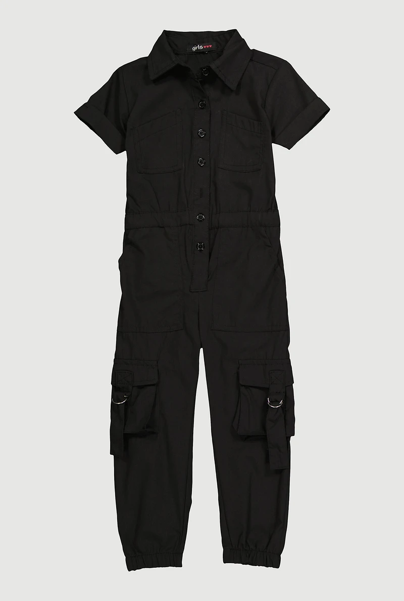 Toddler Girls Button Front Cargo Pocket Jumpsuit with D-Ring Buckles
